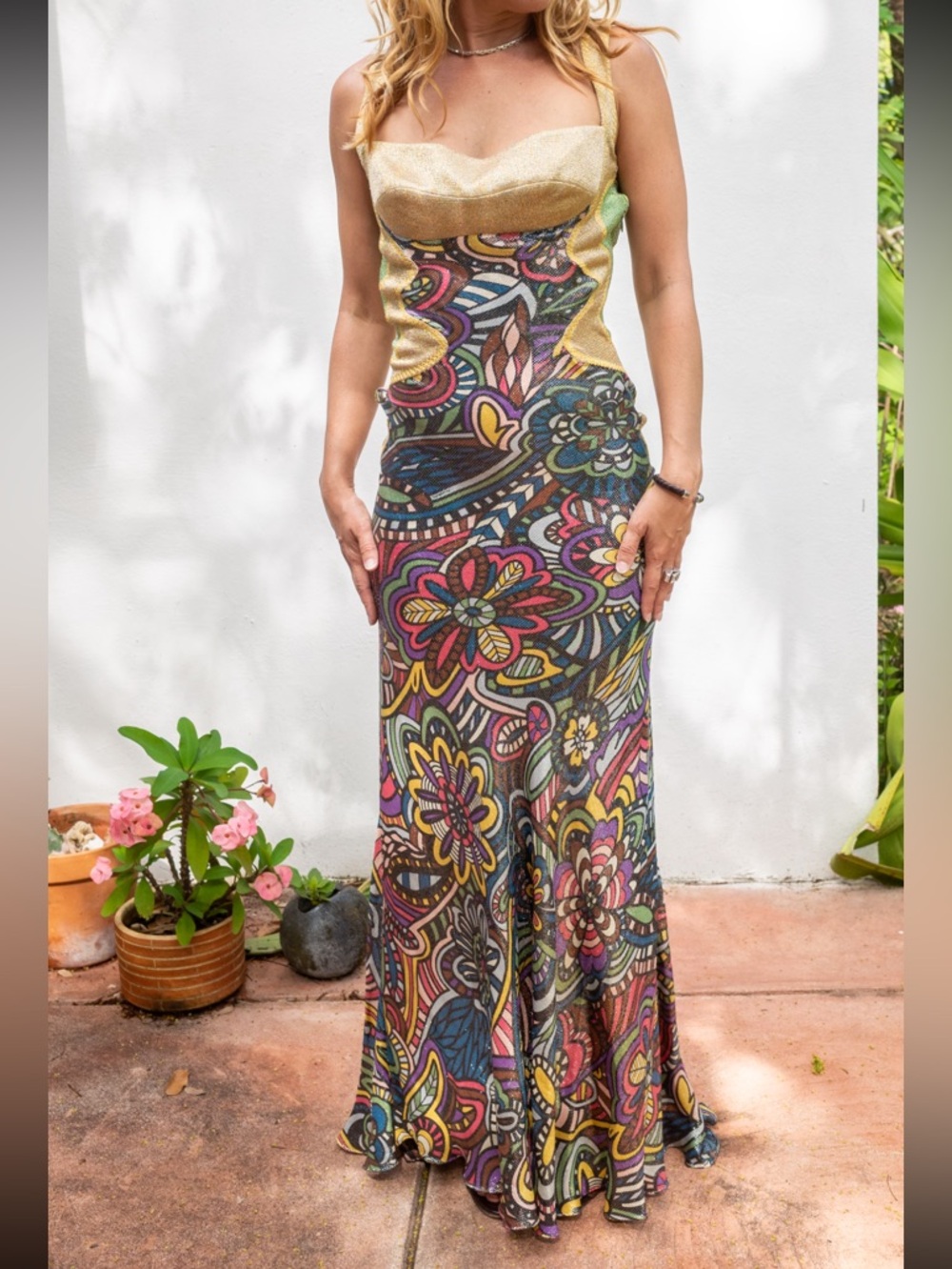 Rare Missoni Lux Silk Knit 🧶Gold/multicolor abstract modernist floral Maxi Dress